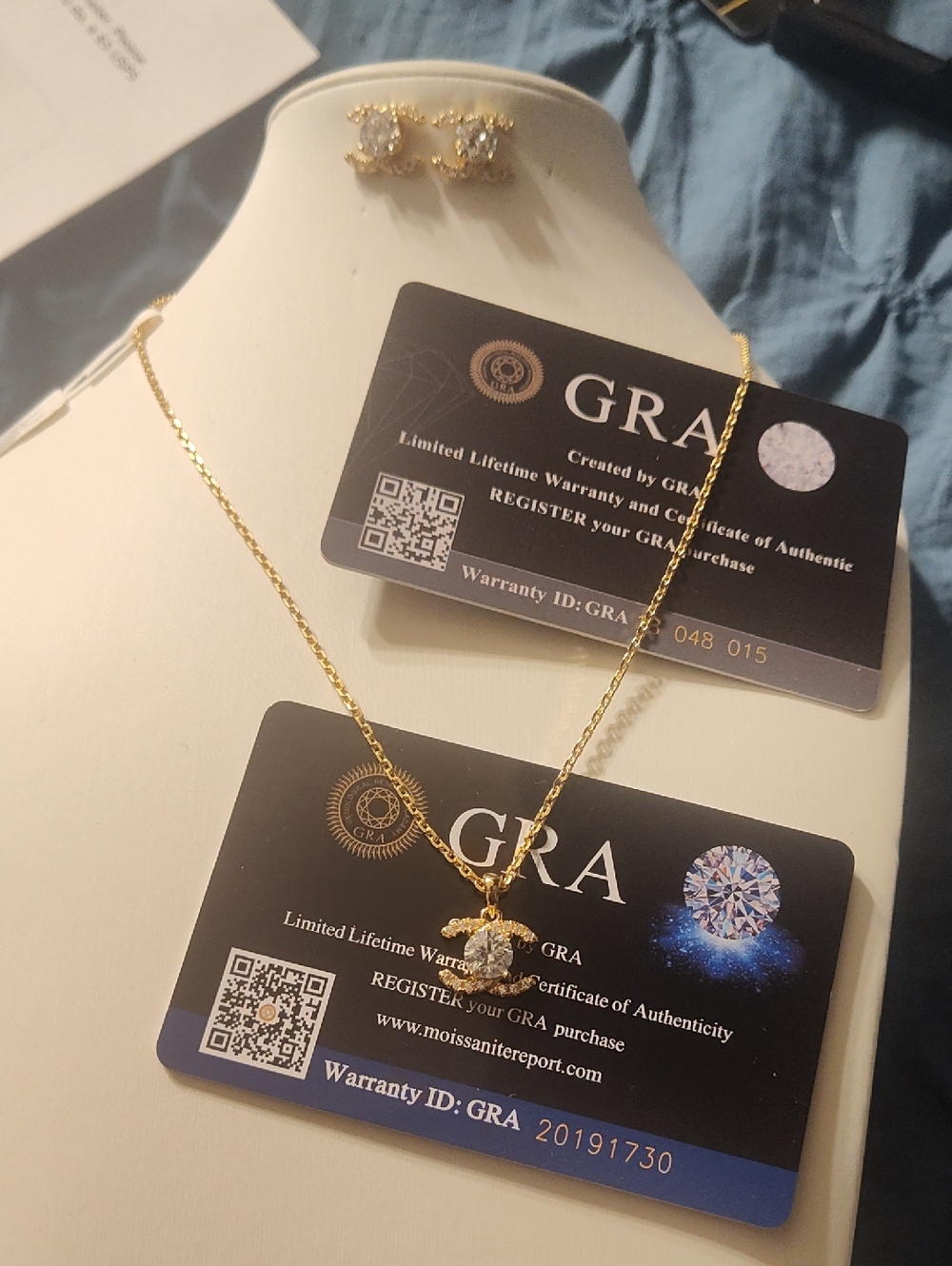 Authentic Chanel 18 K Gold Necklace And Cc Logo earring Set 2 Ct Moissanite Each - Picture 4 of 4